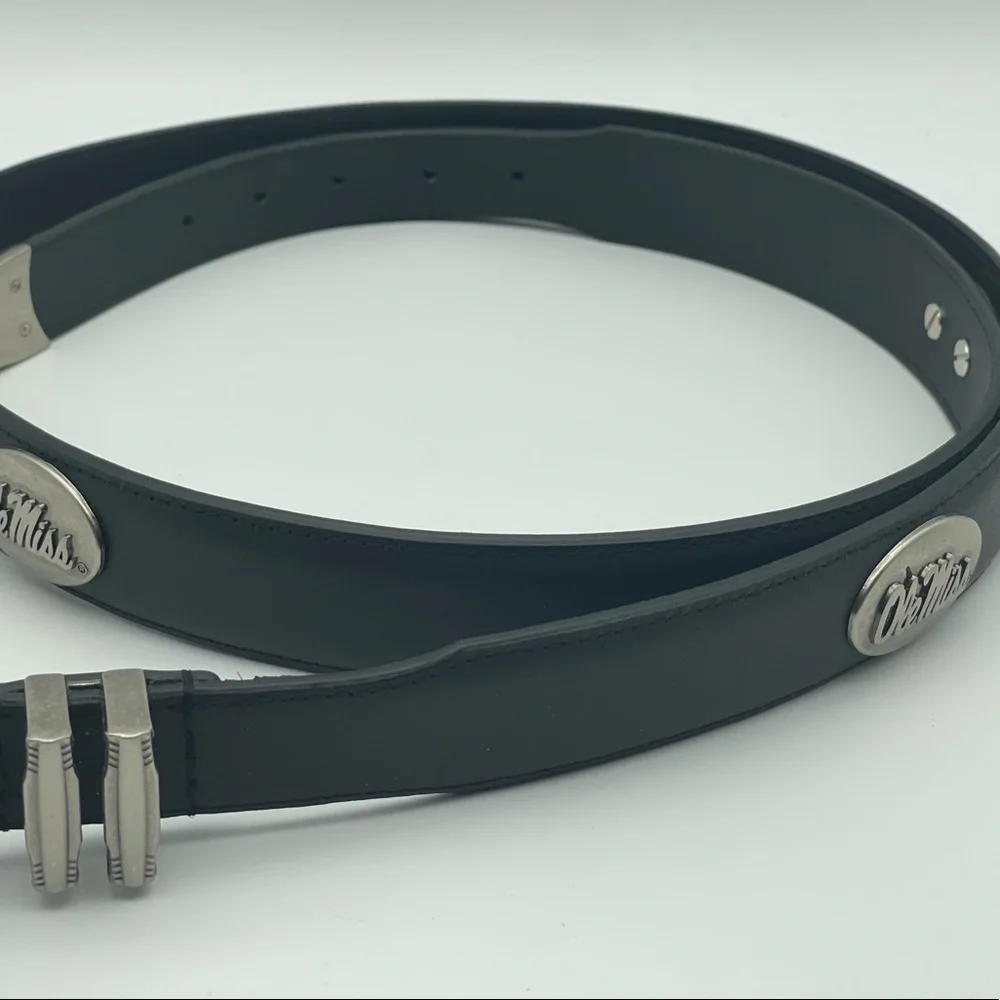 Ole Miss Univ of Mississippi Leather Belt Conchos Black Gunmetal Buckle Sz 46